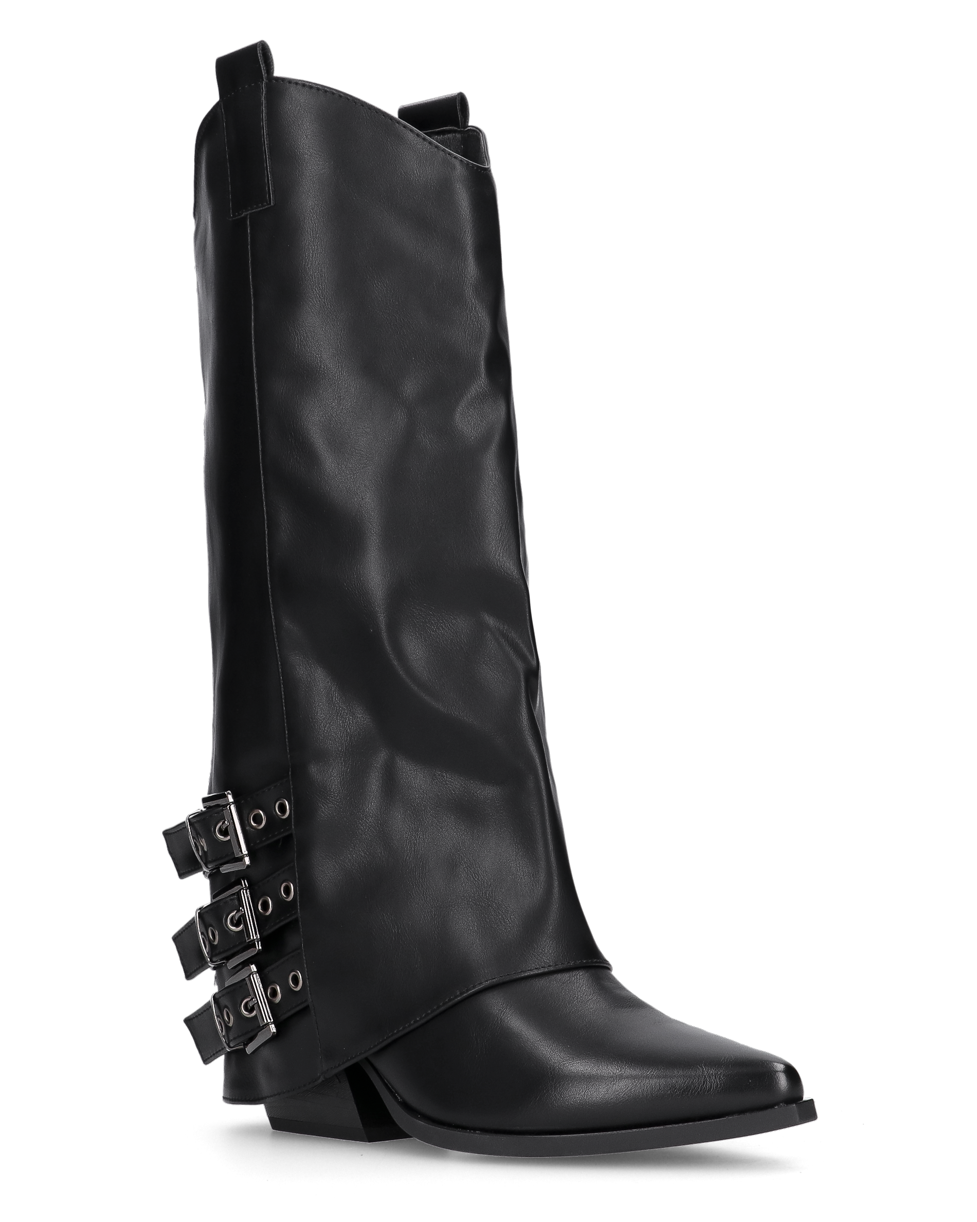 JAMY - stivali neri a punta con risvolto e cinturini regolabili