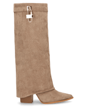 KAARINA - stivale alto in camoscio beige con risvolto