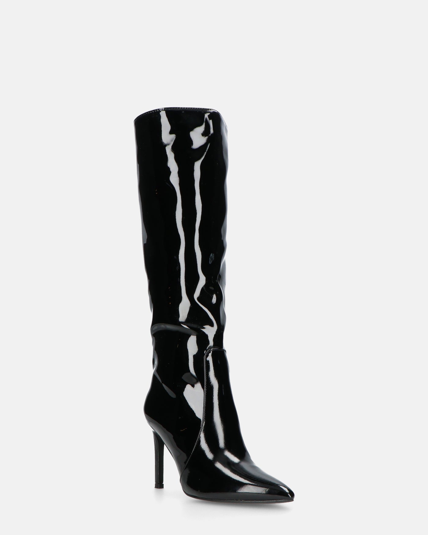 KAMYA - stivali alti in glassy nero con cerniera
