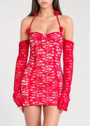 KYLA - vestito mini in pizzo rosso con lacci con rose in pizzo