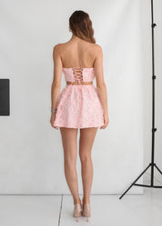 LILIA - set rosa minigonna a ruota con elastico e corpetto con dettaglio rose ad incrocio