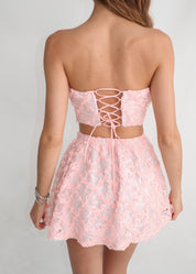 LILIA - set rosa minigonna a ruota con elastico e corpetto con dettaglio rose ad incrocio