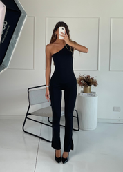 LYSA - tuta jumpsuit aderente nera monospalla