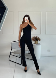 LYSA - tuta jumpsuit aderente nera monospalla