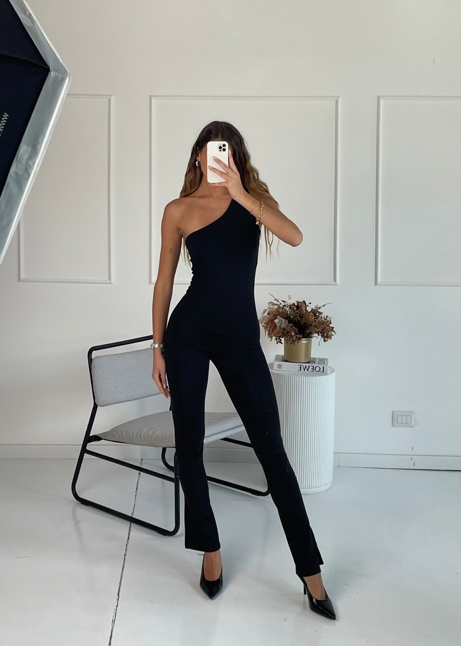 LYSA - tuta jumpsuit aderente nera monospalla