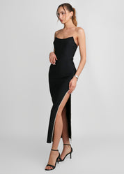 MILAN - vestito lungo nero con spacco con perle