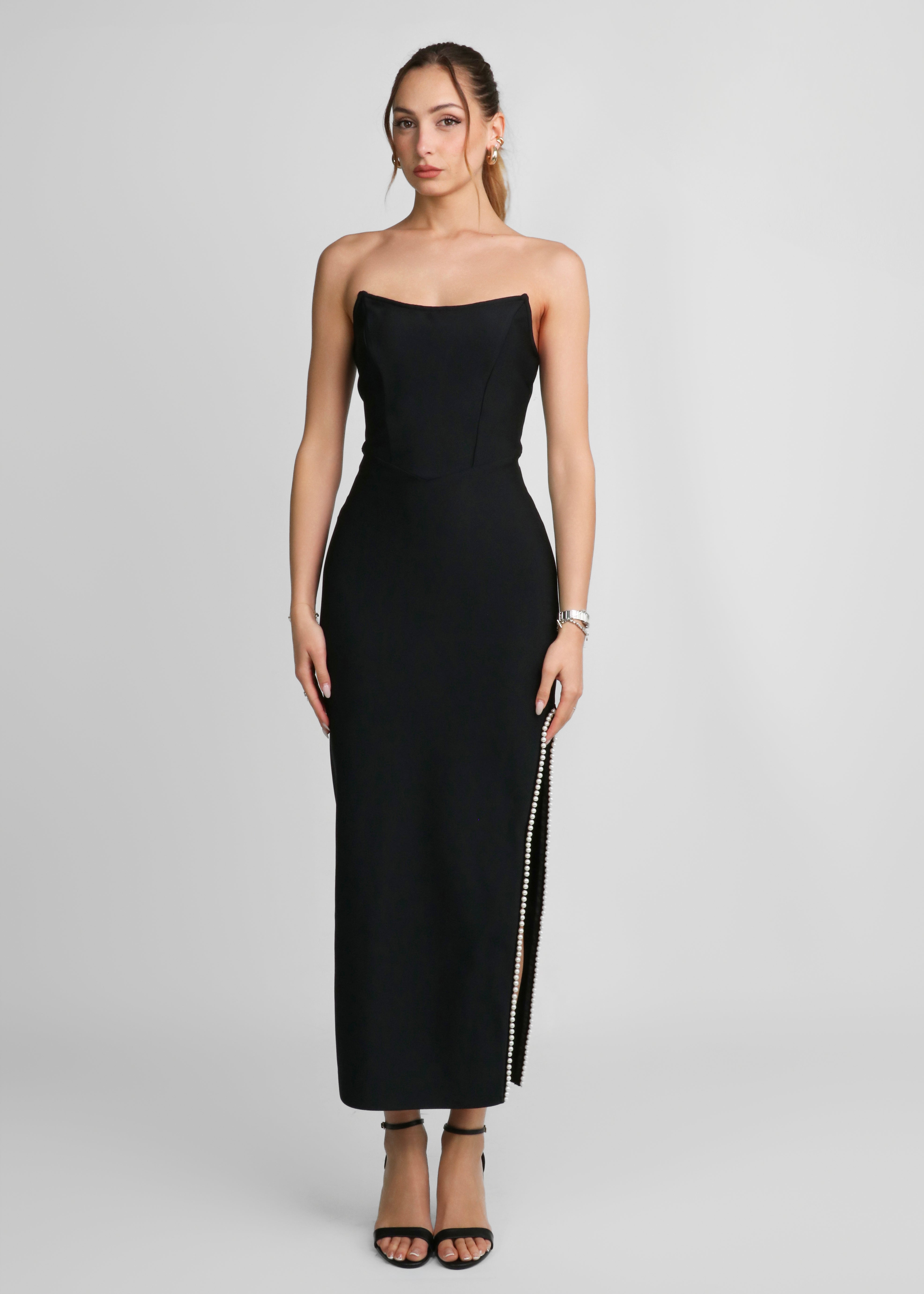 MILAN - vestito lungo nero con spacco con perle
