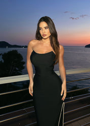 MILAN - vestito lungo nero con spacco con perle