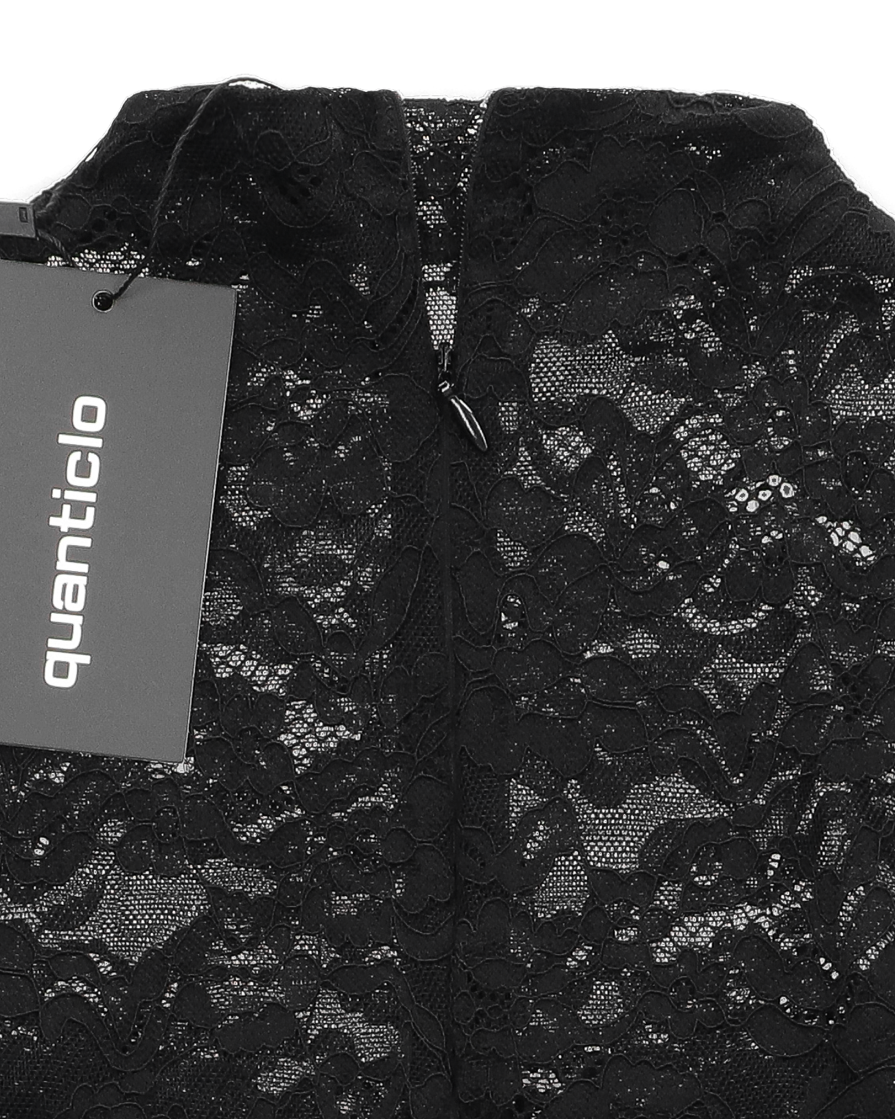 REA - vestito mini in pizzo nero con drappeggio sul davanti e dettaglio in diamanti