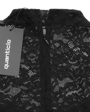 REA - vestito mini in pizzo nero con drappeggio sul davanti e dettaglio in diamanti