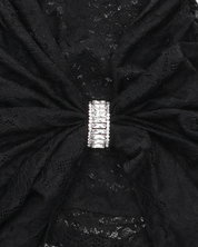 REA - vestito mini in pizzo nero con drappeggio sul davanti e dettaglio in diamanti