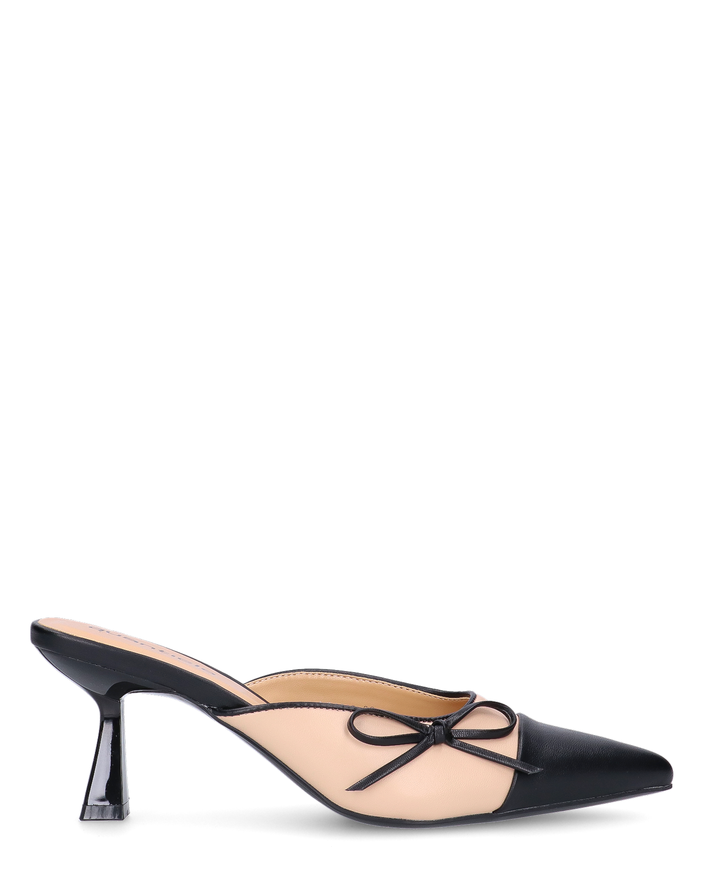 MONIKA - décolleté beige con tacco e punta neri con fiocco laterale