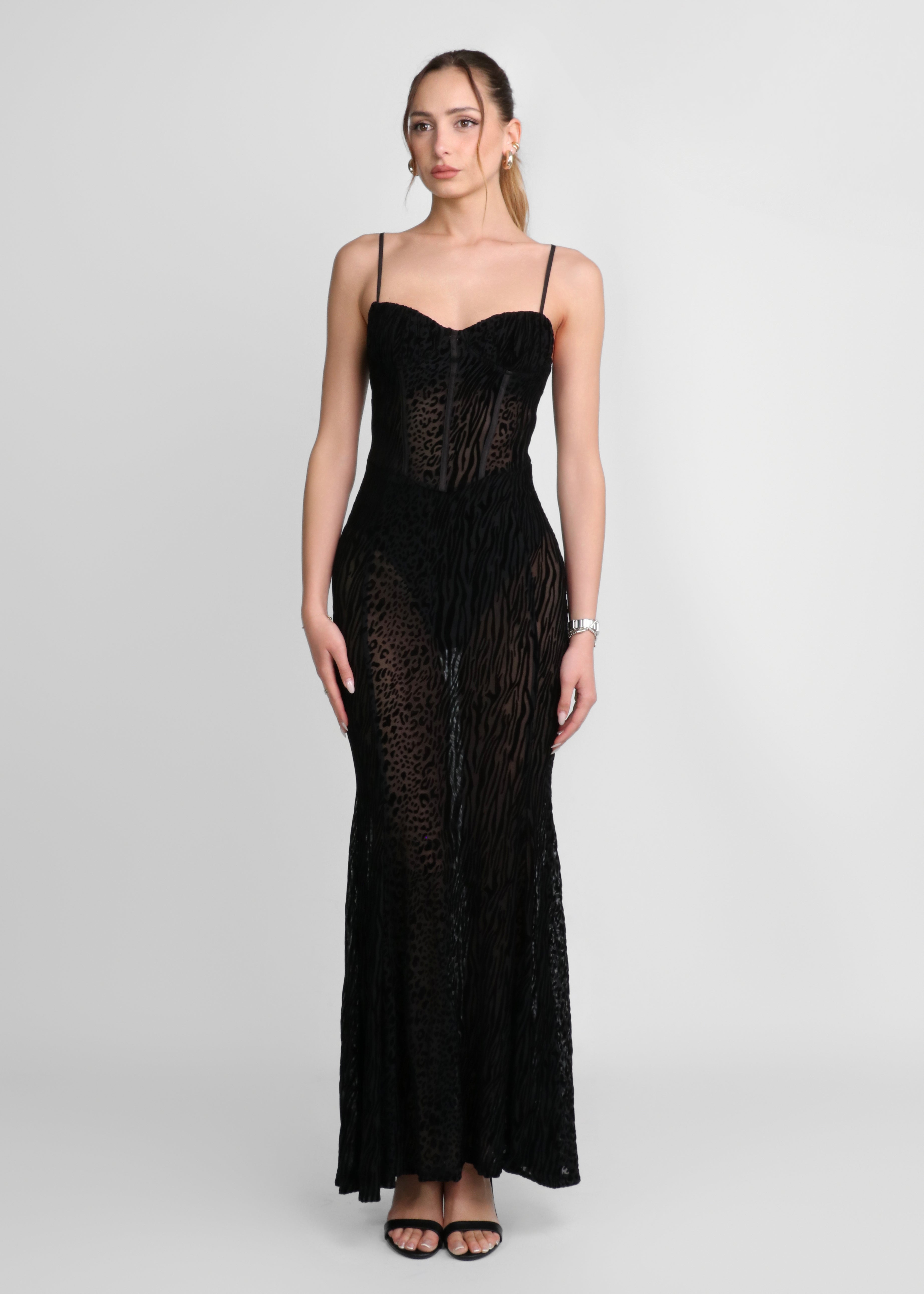 OPERA - vestito lungo nero trasparente con trama leopardata