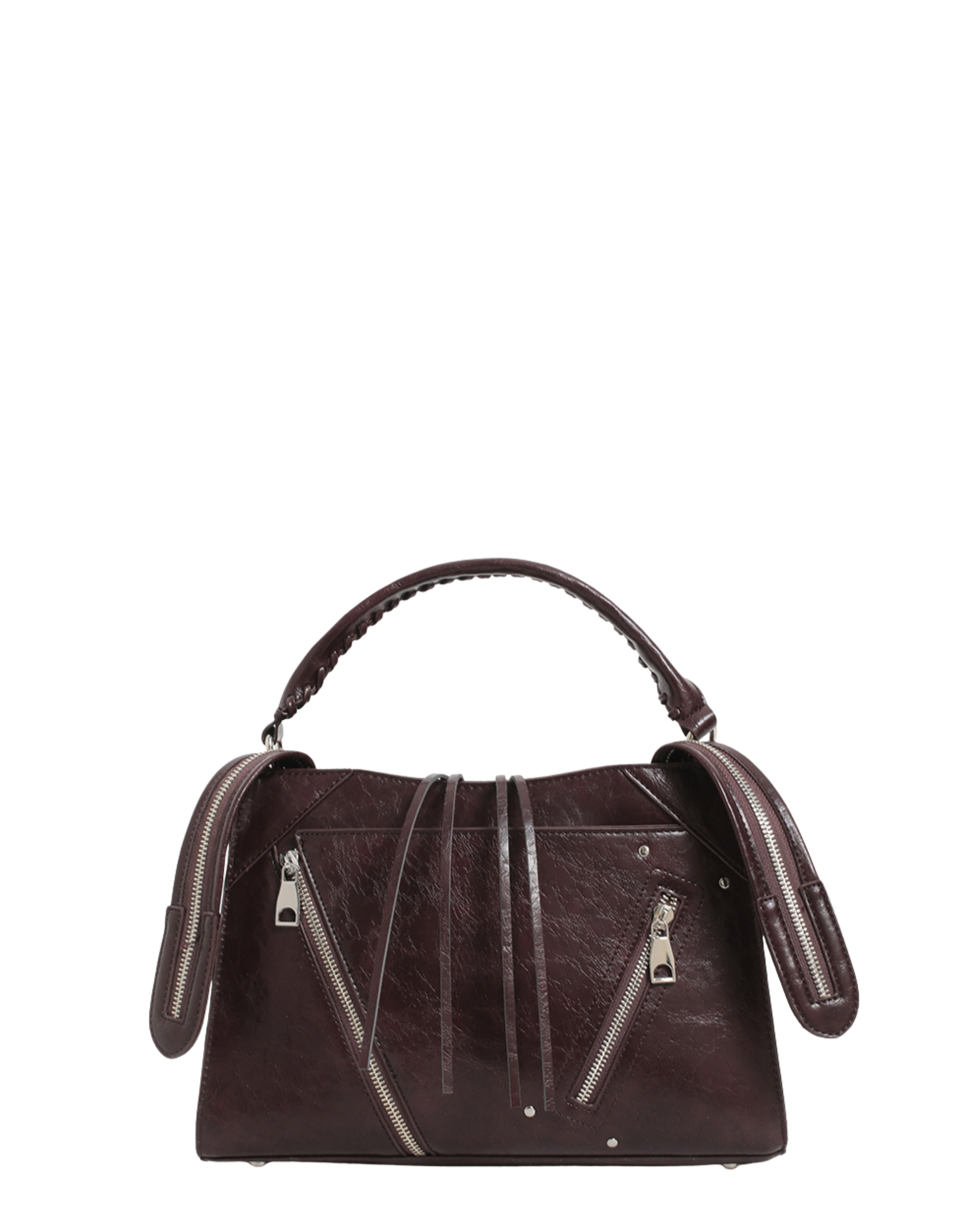 MINNIE - borsa marrone effetto lucido con zip decorative