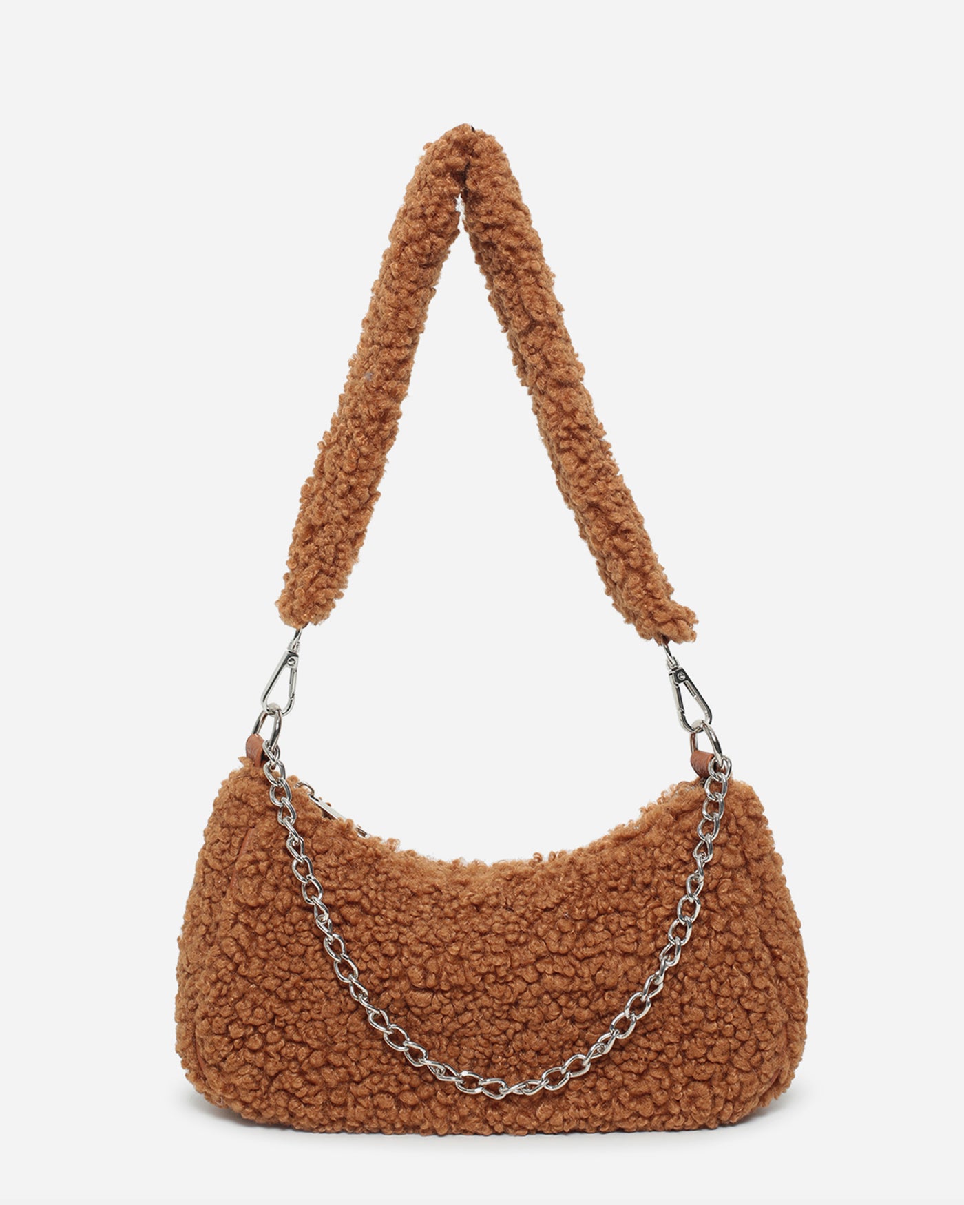 RAINA - borsa materiale teddy in marrone e finiture argento (due tracolle incluse)