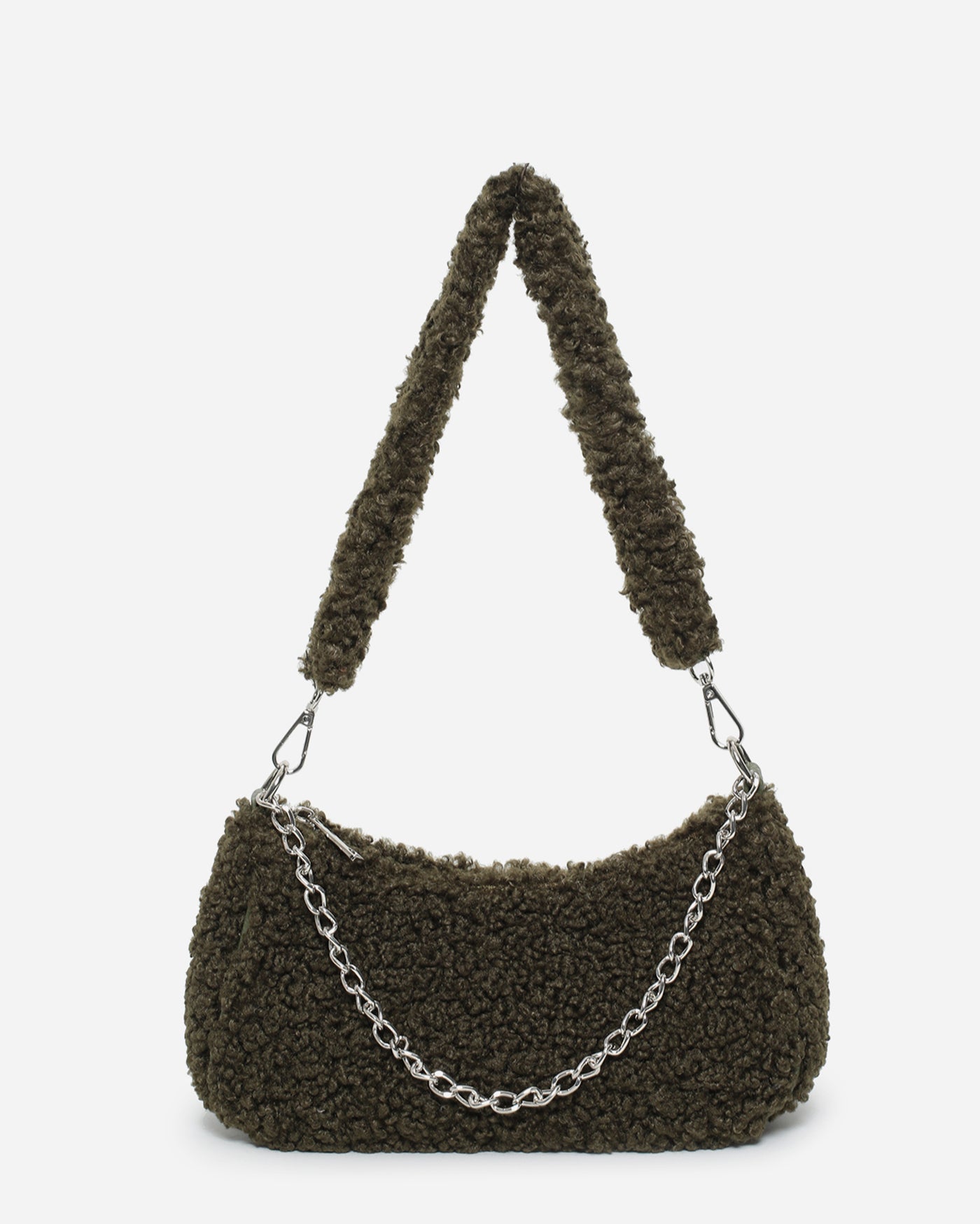 RAINA - borsa materiale teddy in verde e finiture argento (due tracolle incluse)