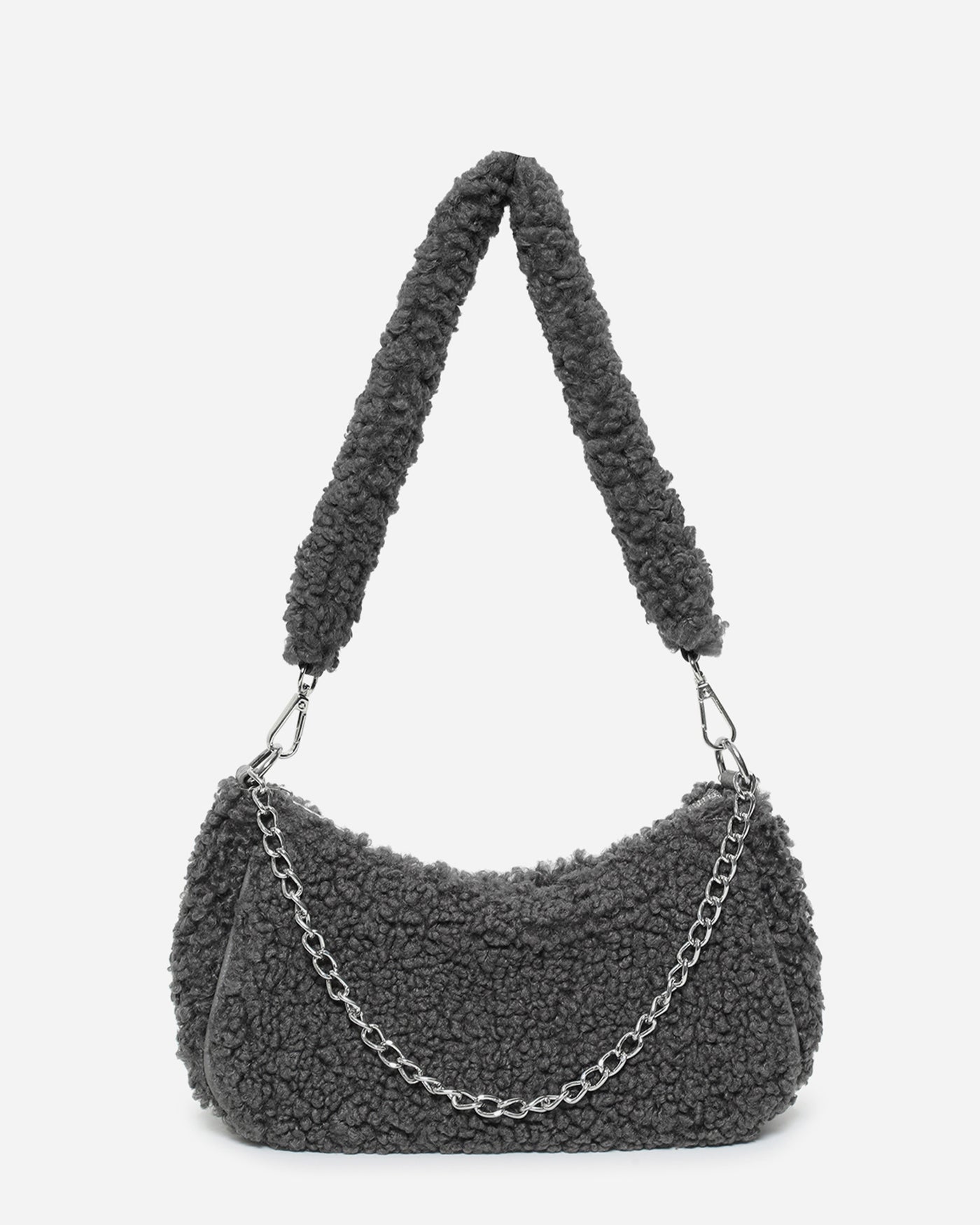 RAINA - borsa materiale teddy in grigio e finiture argento (due tracolle incluse)