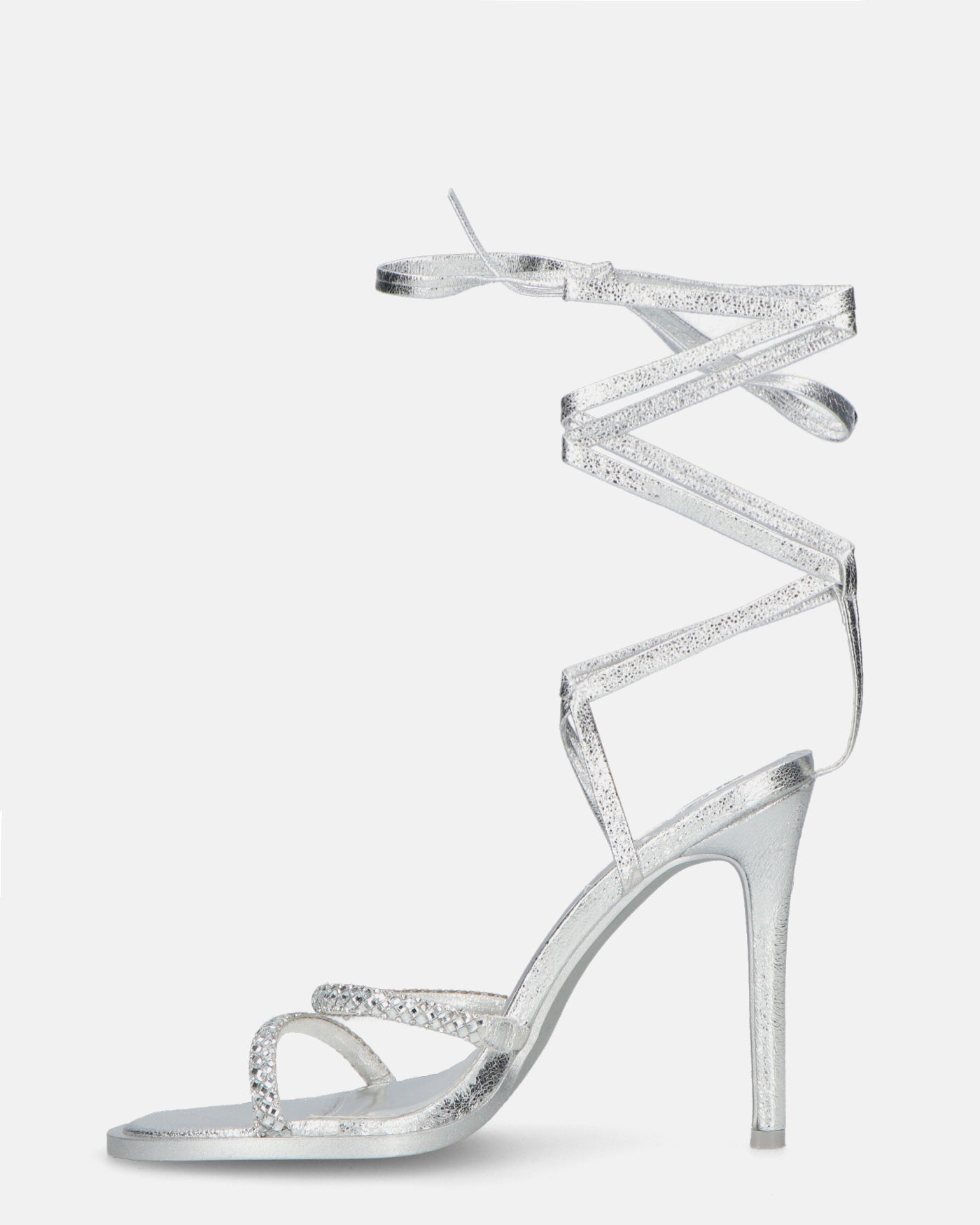 SHOORAI - tacchi alti a spillo argentati con lacci e gemme