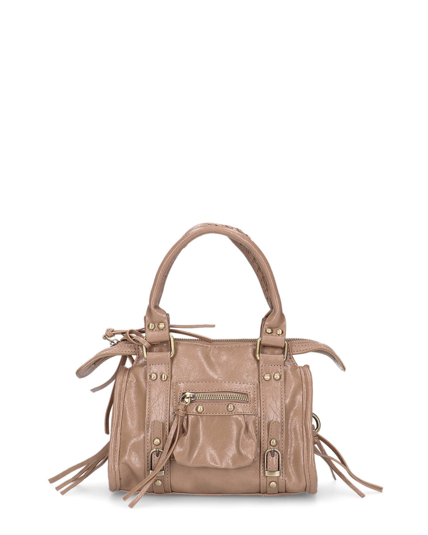 SKYLAR - borsetta a mano beige scuro con chiusura zip e frangette