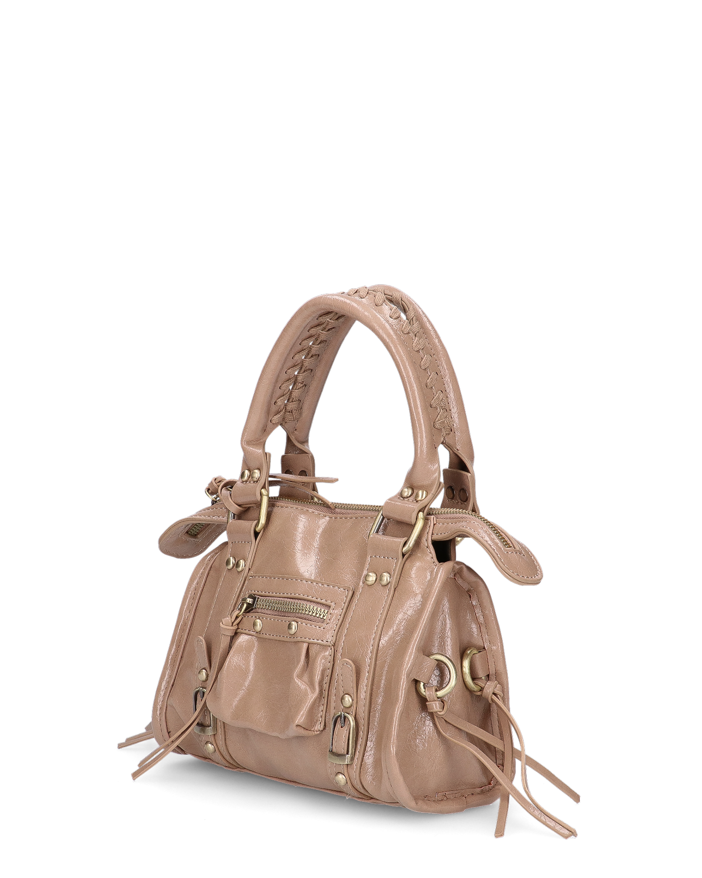 SKYLAR - borsetta a mano beige scuro con chiusura zip e frangette
