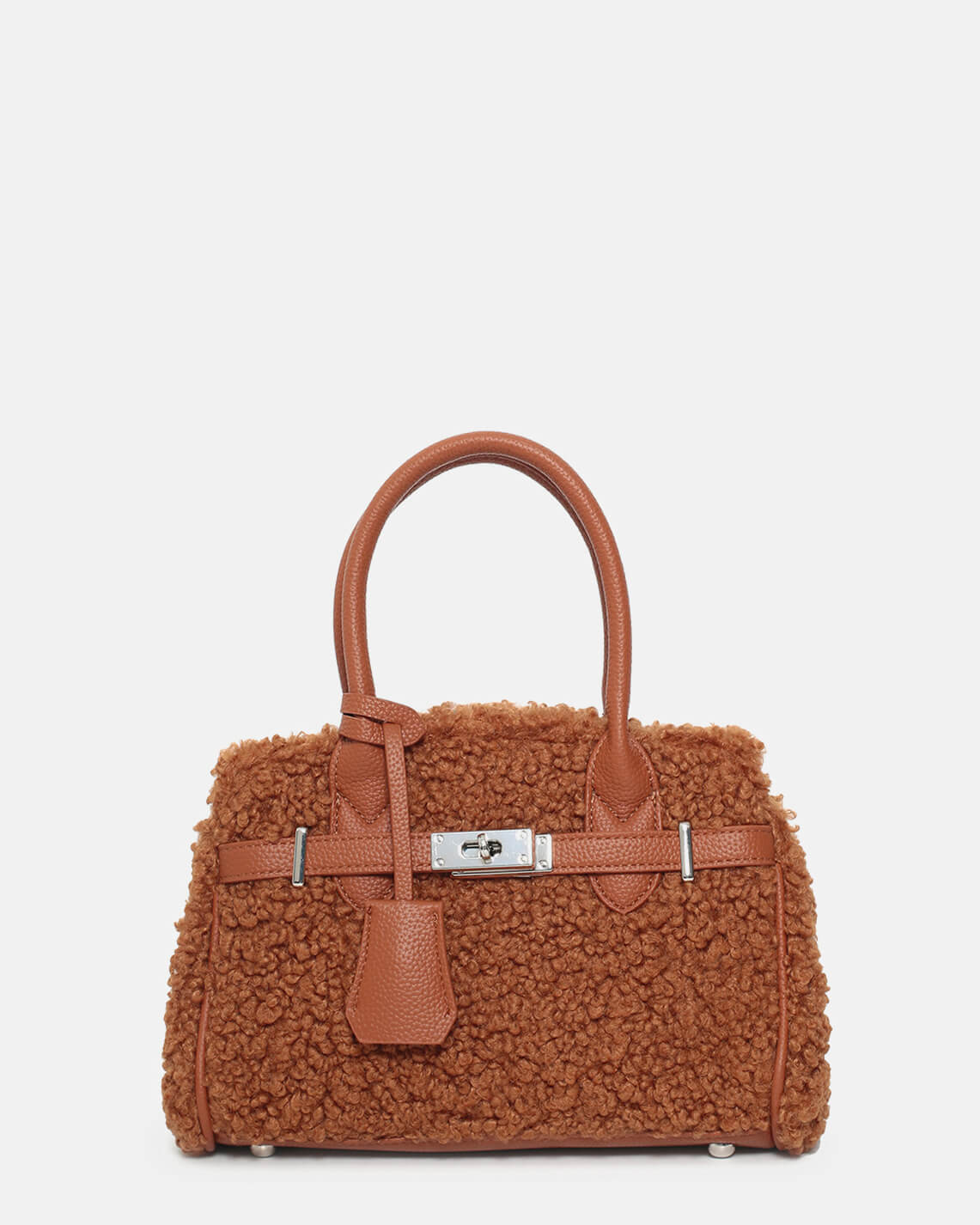 TAMARA - borsa a mano materiale teddy in marrone e finiture argento