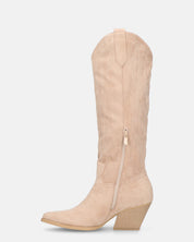 TETYANA - stivali alti beige in camoscio con cerniera laterale