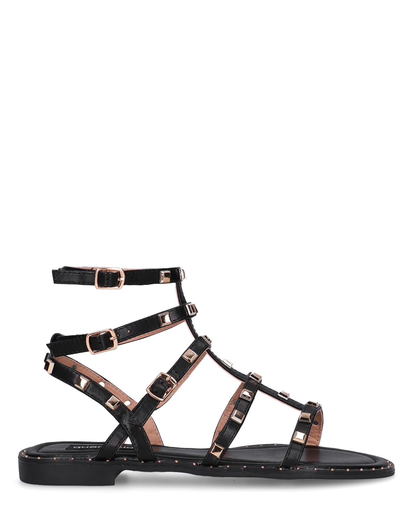 TILLY - sandali neri flat con cinturini e borchie dorate
