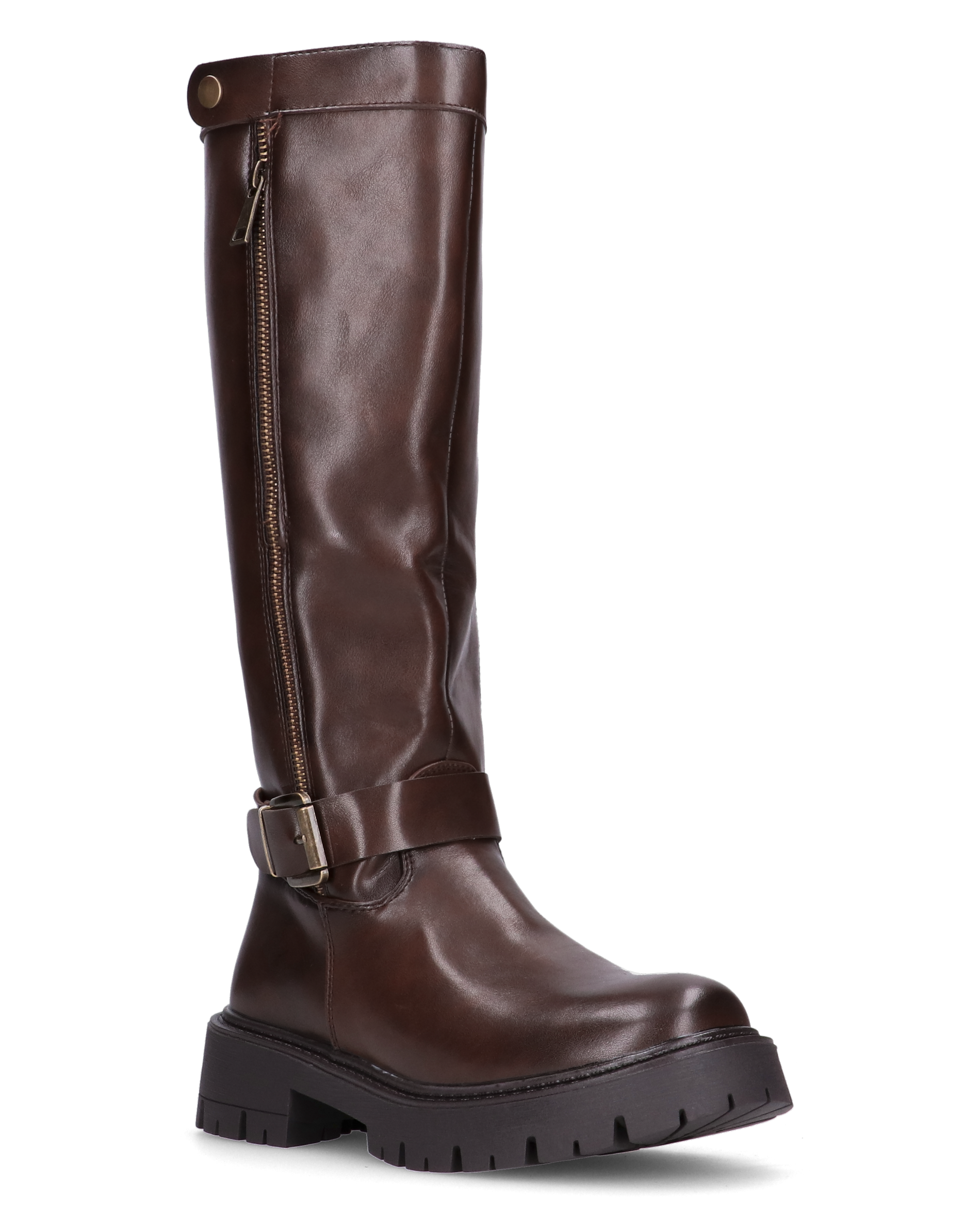 VIKA - stivali alti marroni con cintura, zip e bottone a click