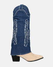 FRANCYS - stivali camperos alti in tessuto denim blu e camoscio beige