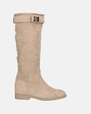 LILITH - stivali alti in camoscio beige con zip laterale con zeppa interna