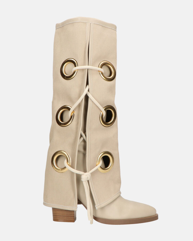GEENA - stivali beige con risvolto in tessuto con asole in metallo