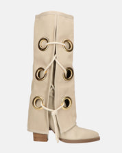 GEENA - stivali beige con risvolto in tessuto con asole in metallo