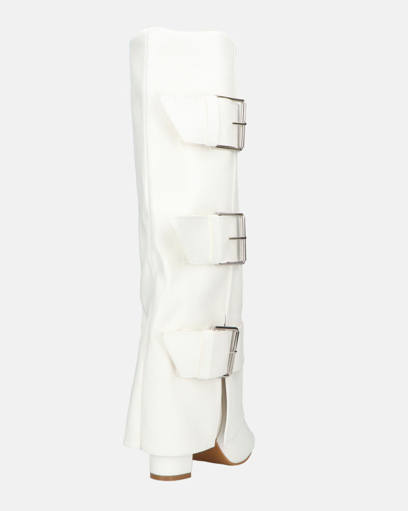 ISABELL - stivali alti bianchi con risvolto e cinture laterali