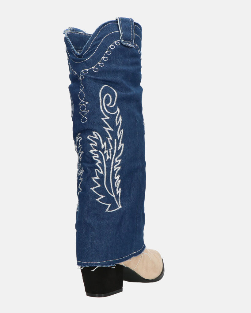 FRANCYS - stivali camperos alti in tessuto denim blu e camoscio beige