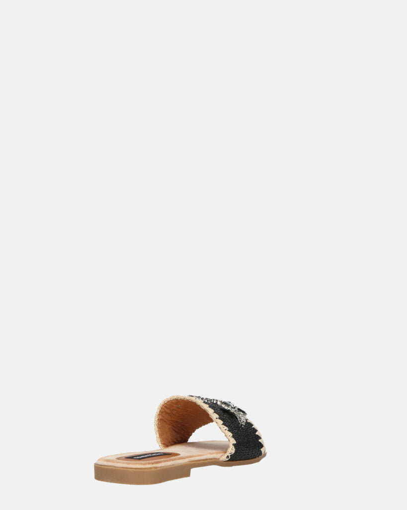 ROZENN - ciabattine beige con fascia nera ricamata e gemme