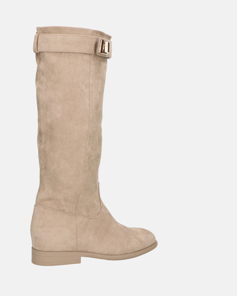 LILITH - stivali alti in camoscio beige con zip laterale con zeppa interna