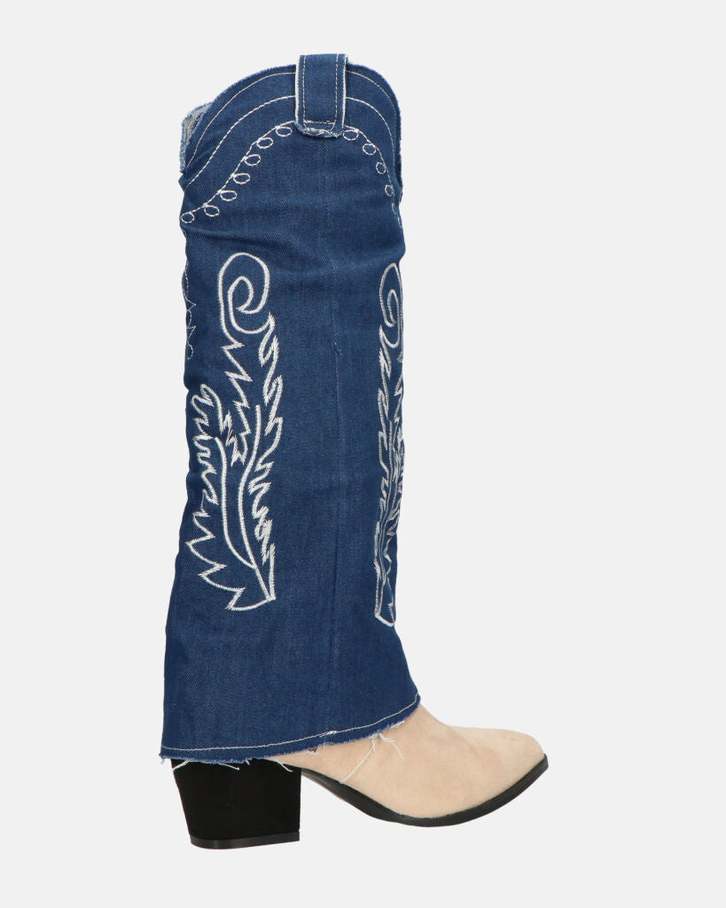 FRANCYS - stivali camperos alti in tessuto denim blu e camoscio beige