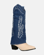 FRANCYS - stivali camperos alti in tessuto denim blu e camoscio beige