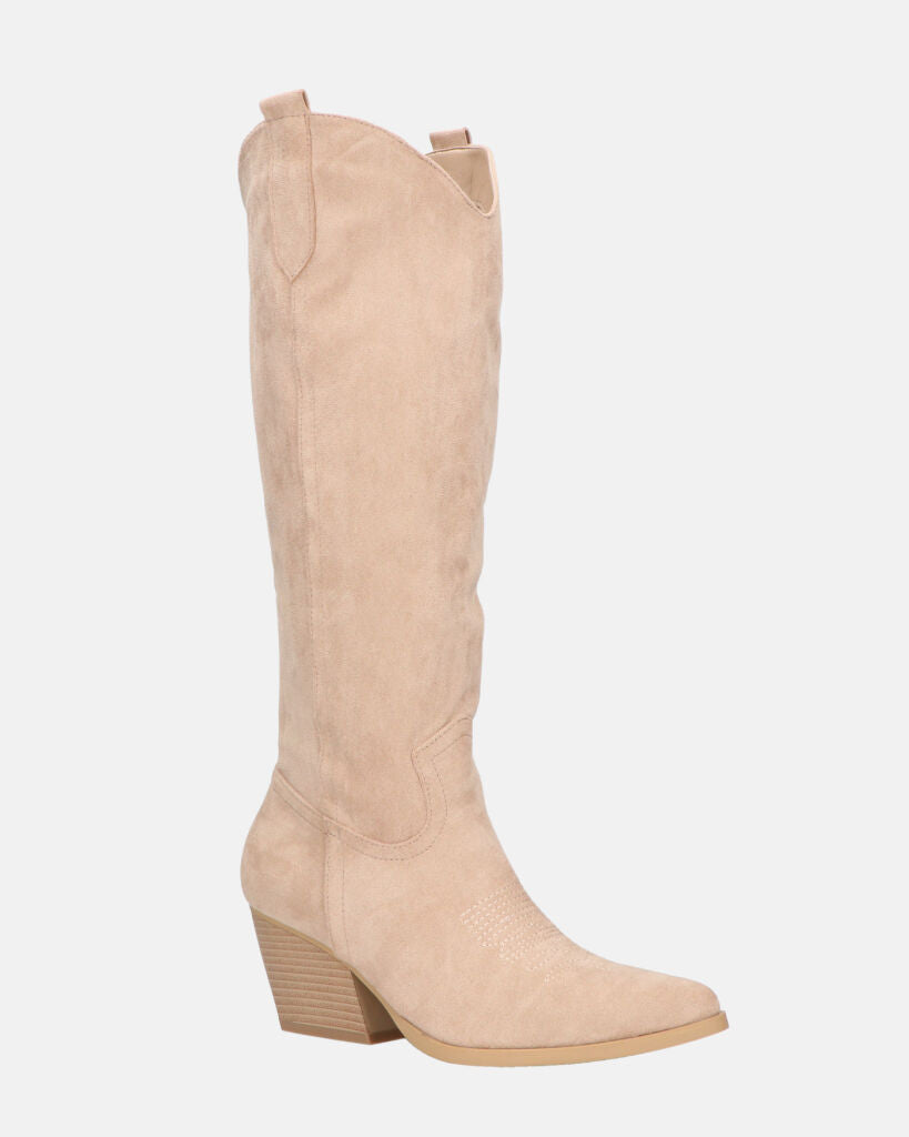 TETYANA - stivali alti beige in camoscio con cerniera laterale