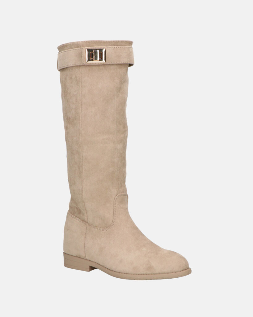LILITH - stivali alti in camoscio beige con zip laterale con zeppa interna