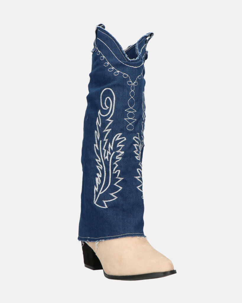 FRANCYS - stivali camperos alti in tessuto denim blu e camoscio beige