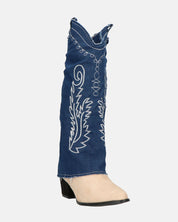 FRANCYS - stivali camperos alti in tessuto denim blu e camoscio beige