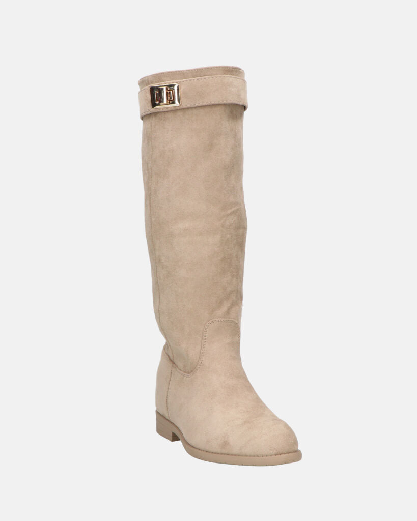 LILITH - stivali alti in camoscio beige con zip laterale con zeppa interna