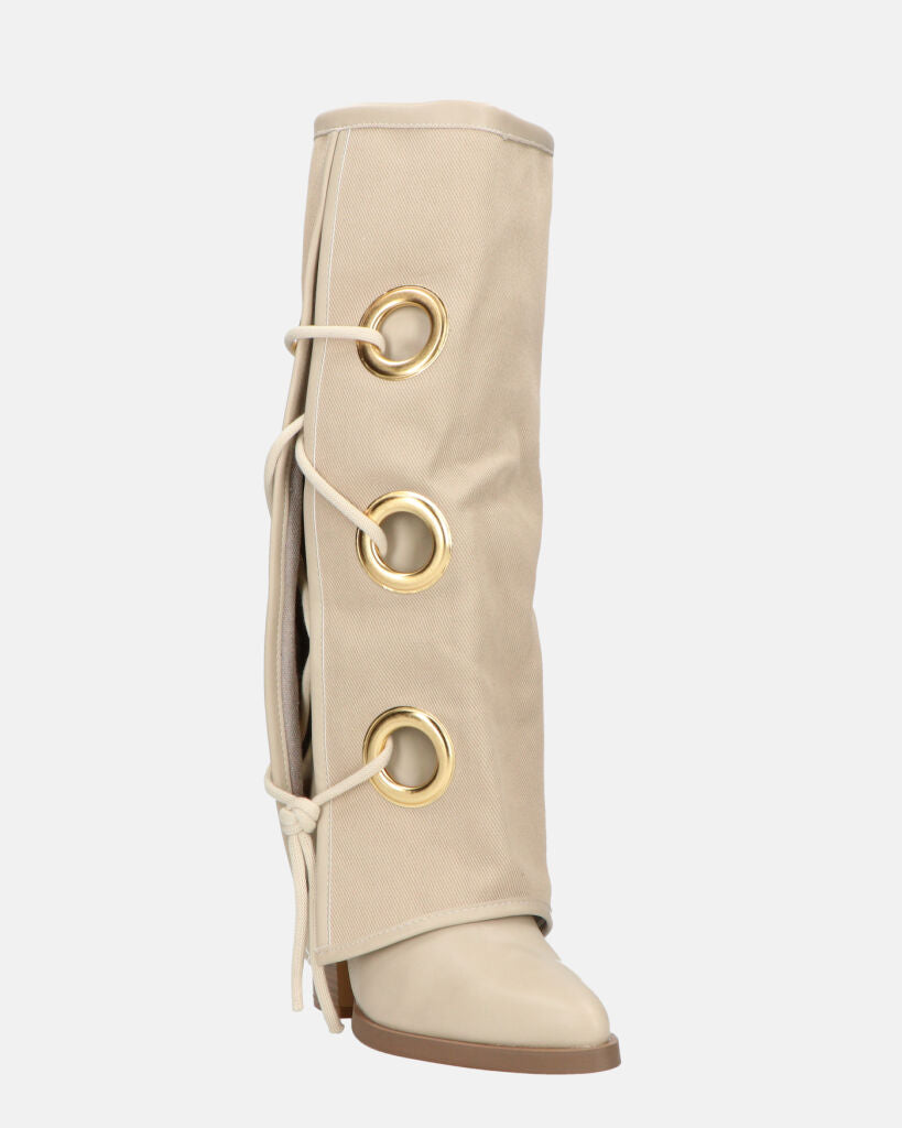 GEENA - stivali beige con risvolto in tessuto con asole in metallo