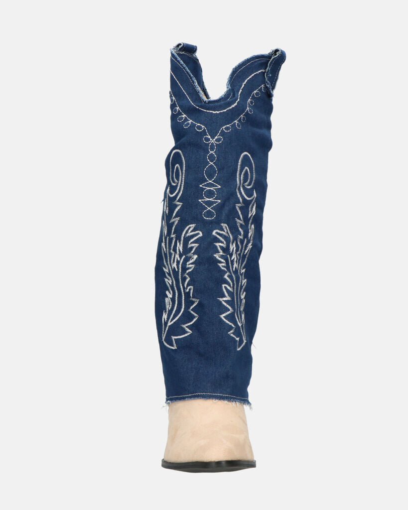 FRANCYS - stivali camperos alti in tessuto denim blu e camoscio beige