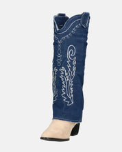 FRANCYS - stivali camperos alti in tessuto denim blu e camoscio beige