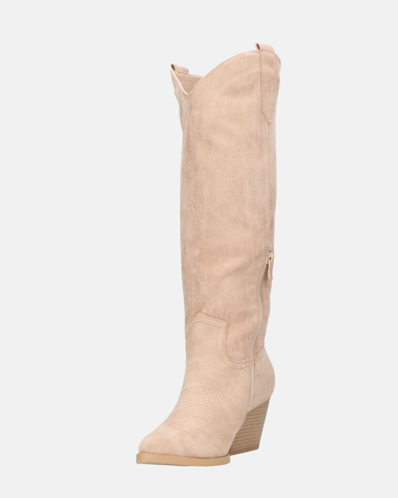 TETYANA - stivali alti beige in camoscio con cerniera laterale