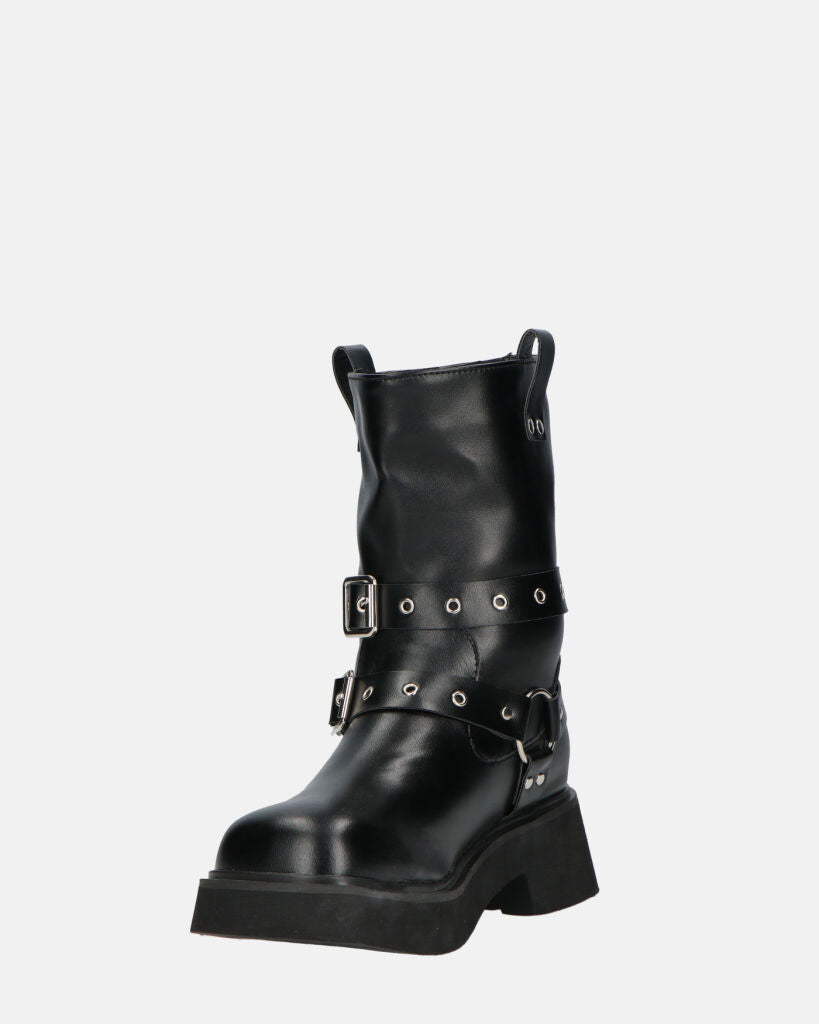 TOKIE - stivaletti anfibi neri con cinturini