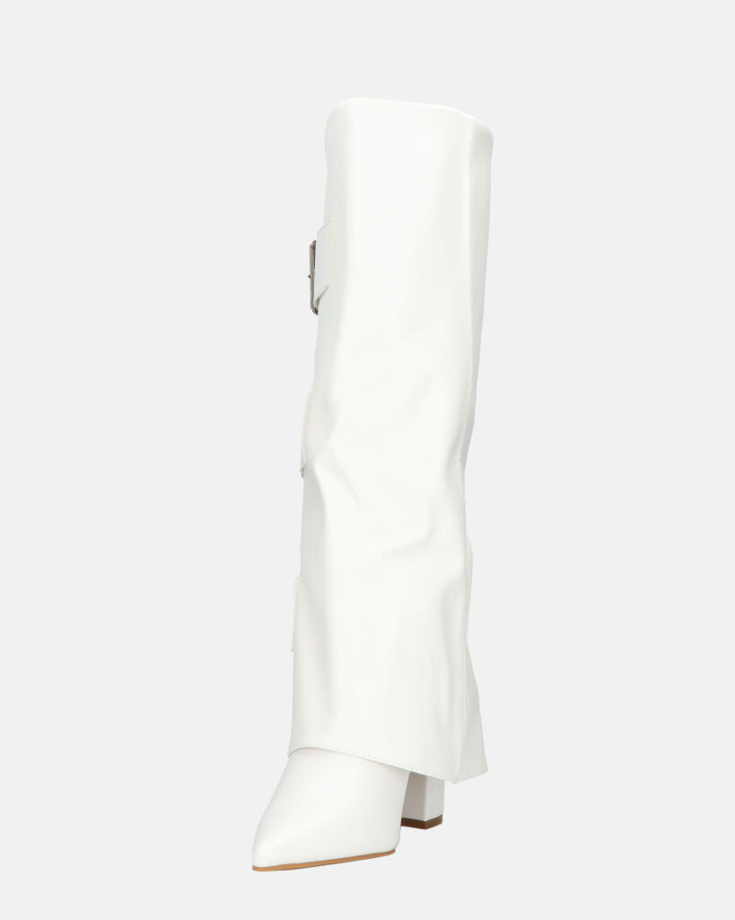 ISABELL - stivali alti bianchi con risvolto e cinture laterali