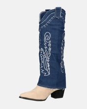 FRANCYS - stivali camperos alti in tessuto denim blu e camoscio beige